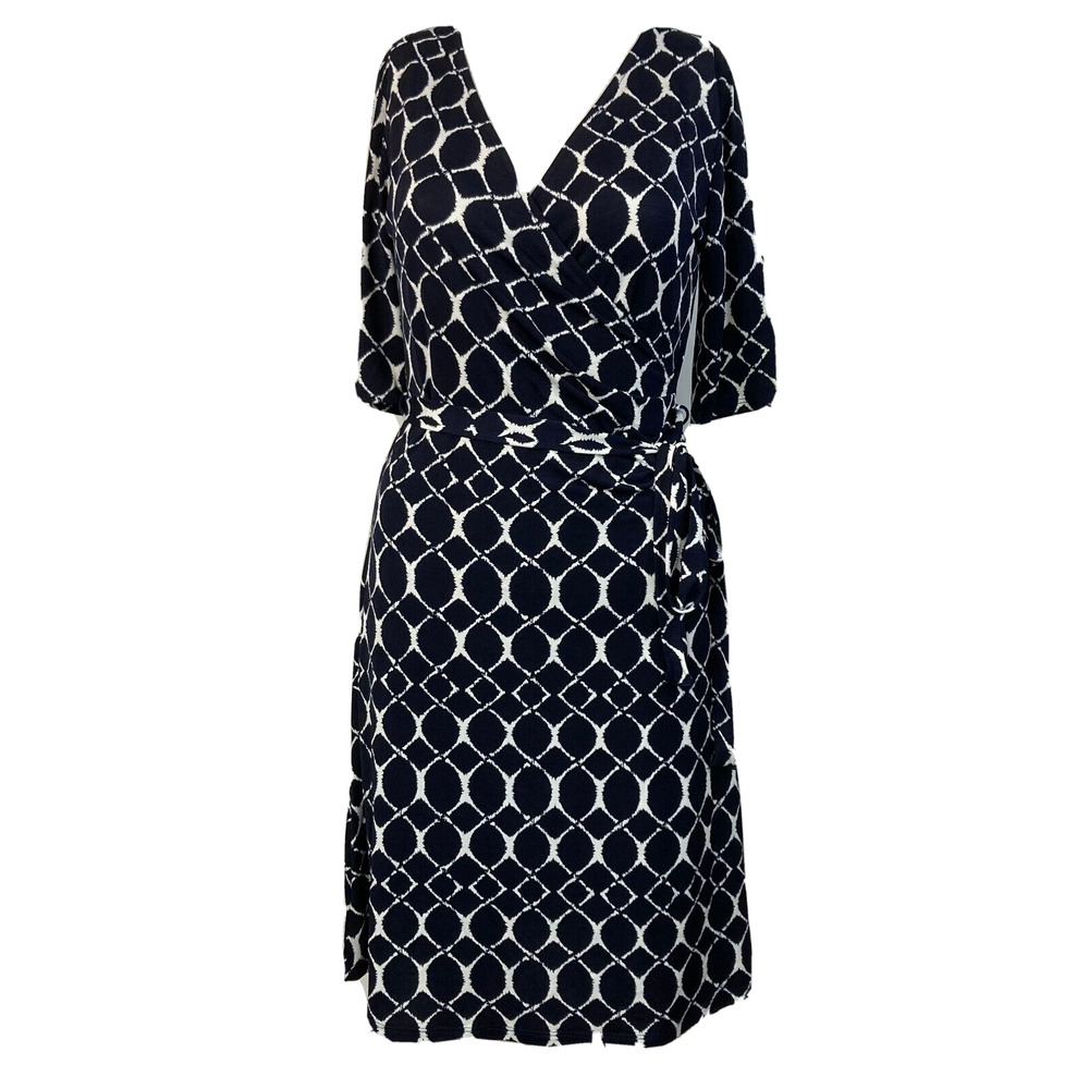 Gilli Dress Womens Sz S Navy White Print Wrap‎ Tie V-Neck Knit Flow A-Line